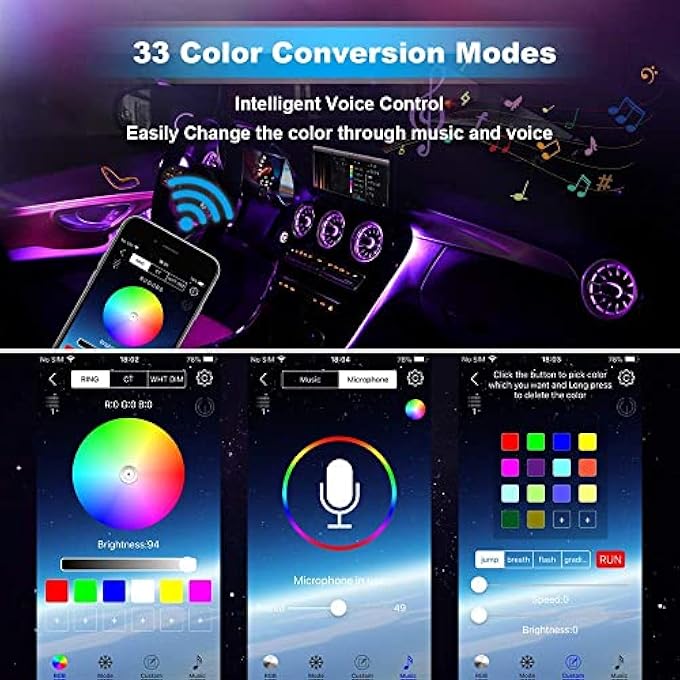 الكبريت شريط إضاءة داخلي للسيارة من Holahoney، مقاوم للماء، 4 قطع، 48 مصباح LED، تطبيق بلوتوث، مجموعات إضاءة متعددة الألوان، موسيقى، إضاءة أسفل لوحة القيادة، مع شاحن سيارة بتيار مستمر 12 فولت - Image 4