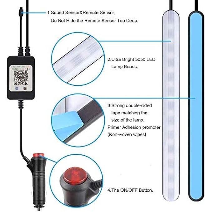 الكبريت شريط إضاءة داخلي للسيارة من Holahoney، مقاوم للماء، 4 قطع، 48 مصباح LED، تطبيق بلوتوث، مجموعات إضاءة متعددة الألوان، موسيقى، إضاءة أسفل لوحة القيادة، مع شاحن سيارة بتيار مستمر 12 فولت - Image 5