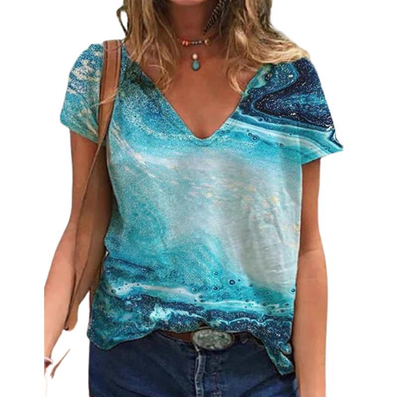 2021 New Summer Popular Floral Printing T-Shirt Women'S Short Sleeve V-Neck T-Shirt - Image 1