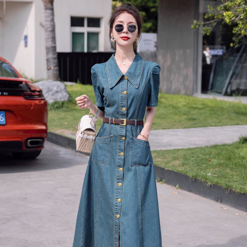 Z Denim dress Womens 2024 Summer New Korean Retro Hong Kong Style Long Stylish Age-reducing Waist Shirt Dress Retro dress (send belt)