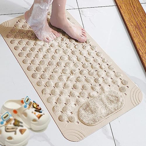 RichAxis Rectangular Anti Skid Bath Mat with Foot Scrubber for Bath Room Shower Mat with Suction Cups & Drain Holes Silicone Floor Mat for Kids & Adults (70 X 35, Beige) - Image 2