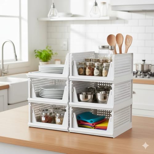 DecoLogy Clothes Organizer for Wardrobe Cupboard Organizer for Clothes Foldable and Stackable Closet Organizer Drawer Organizer for Clothes Multi Purpose Plastic Shirts Tops (5PC-Large, White) - Image 1
