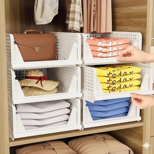 DecoLogy Clothes Organizer for Wardrobe Cupboard Organizer for Clothes Foldable and Stackable Closet Organizer Drawer Organizer for Clothes Multi Purpose Plastic Shirts Tops (5PC-Large, White) - Image 3