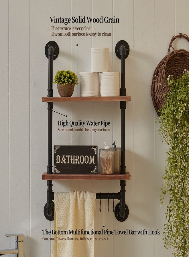ROGMARS Industrial Pipe Shelf Floating Shelves Bathroom,Industrial Pipe Shelving Farmhouse Bathroom Shelves with Towel Bar Towel Rack Over Toilet Industrial Shelf Rustic Wall Wood Shelves 19.7 Inch - Image 2