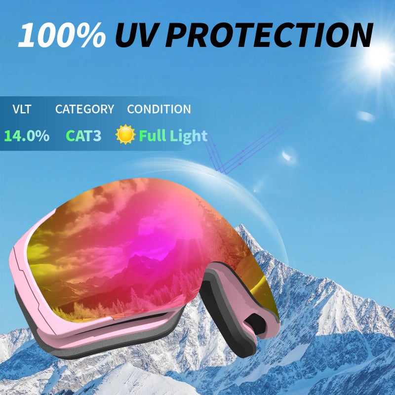 Veltuno Ski Goggles For Men Women Adult & Youth  Otg Snowboard Goggles Anti Fog  Snow Goggles Uv Protection Wide Vision (Pink Frame/Revo Pink Lens (Vlt 14.0%)) - Image 3
