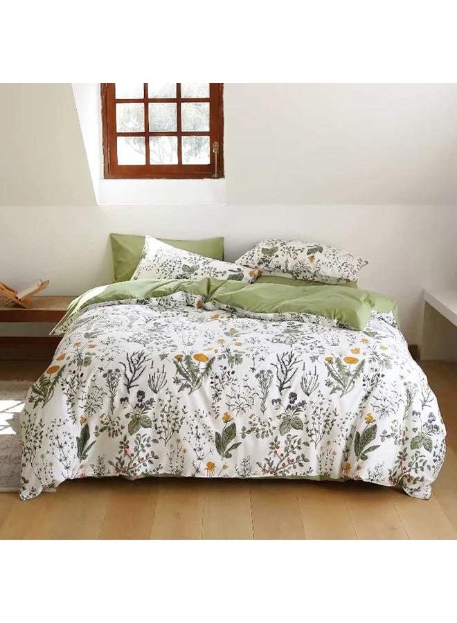 KAREVER Botanical Comforter Set Full White and Sage Green Floral Plant Bedding Set Garden Pattern Printed on White Reversible Blanket 3 PCs 1 White Comforter 80"x90" and 2 Pillowcases - Image 1