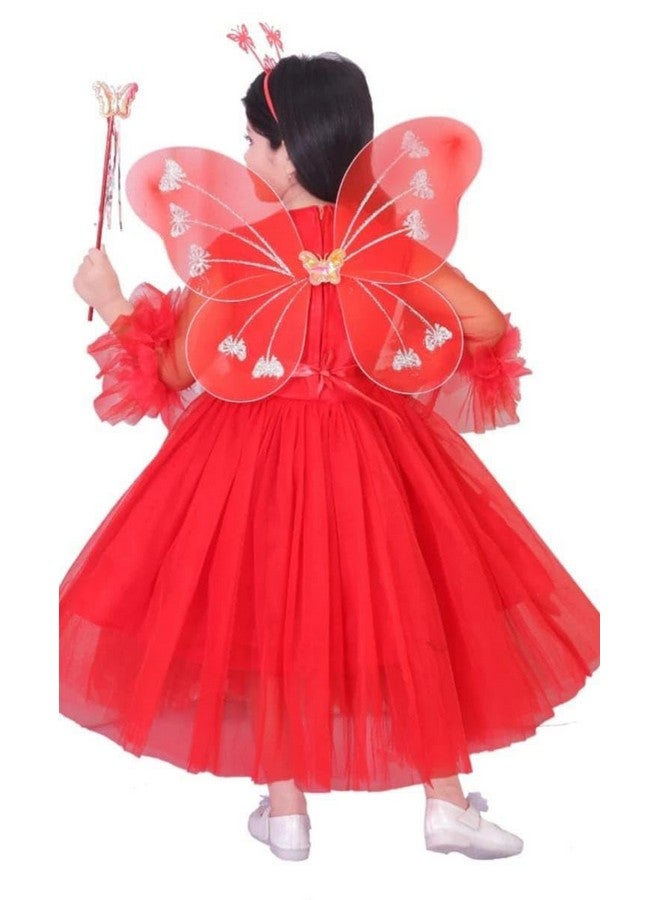 Girls' Fairy Costume Dress with Wings and Wand, Embellished with Beads and Sequins (RED, 6-7 Years) - Image 3