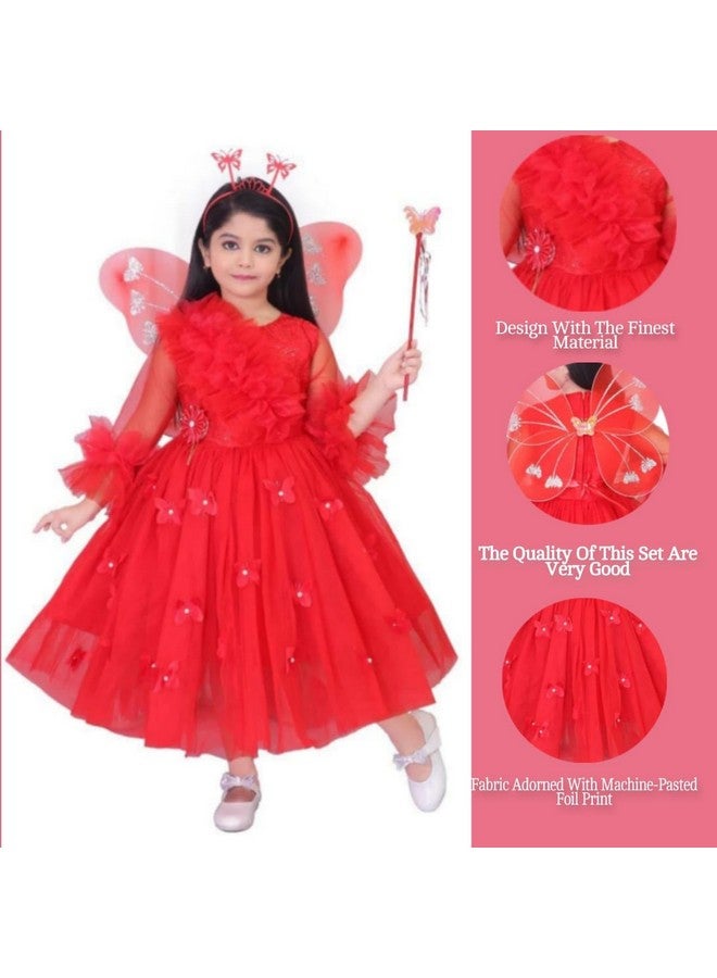 Girls' Fairy Costume Dress with Wings and Wand, Embellished with Beads and Sequins (RED, 6-7 Years) - Image 2