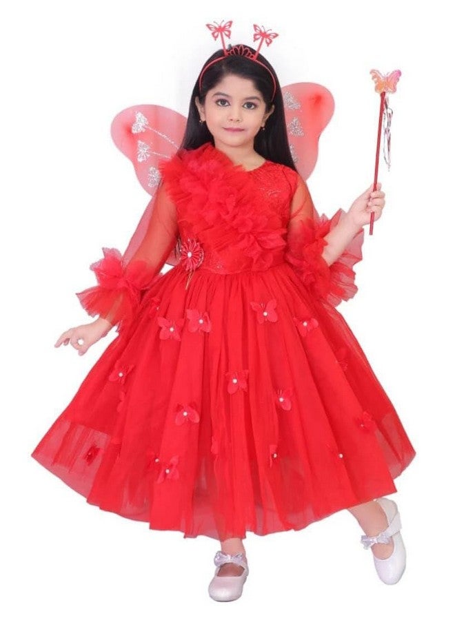 Girls' Fairy Costume Dress with Wings and Wand, Embellished with Beads and Sequins (RED, 6-7 Years) - Image 1