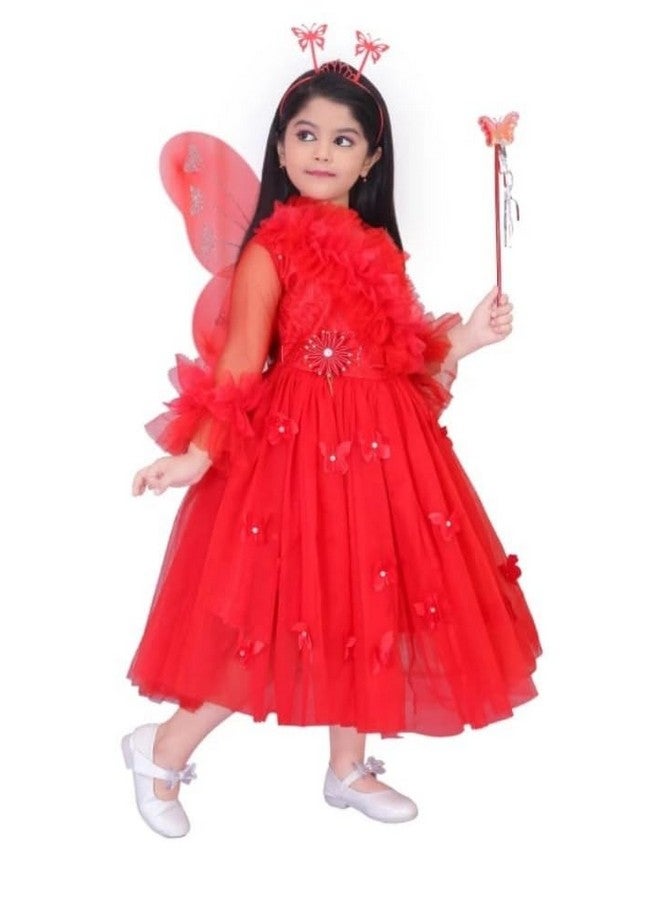 Girls' Fairy Costume Dress with Wings and Wand, Embellished with Beads and Sequins (RED, 6-7 Years) - Image 4