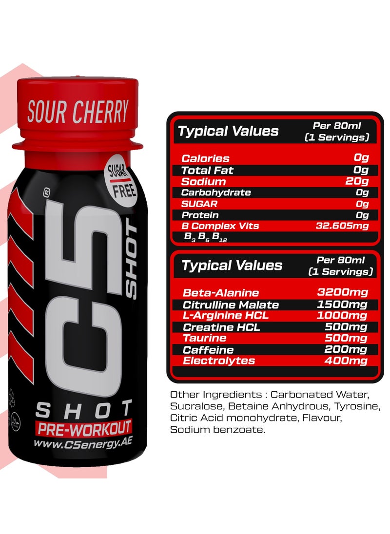 C5 EXTREME C5 SHOT Pre-Workout Drink | 80ml Liquid Energy Shot | 200mg Caffeine, Beta-Alanine, Creatine, Citrulline | Sugar Free | Zero Calories (Pack of 12, Sour Cherry)  - Image 2