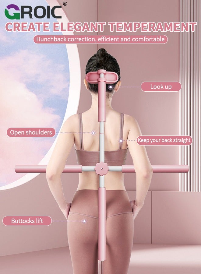 GROIC Yoga Sticks Posture Corrector, Back Straightener Posture Corrector with Head Rest and Retractable, Back Brace Scoliosis and Hunchback Correction, Yoga Stick Stretching Tool for Adult and Child - Pink - Image 3