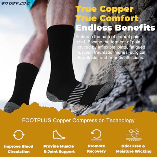 FOOTPLUS Copper Hiking Running Socks, Mens Womens Cushioned Sole Arch Support Marathon Running Crew Copper Infused Odor Free Climbing Camping Compression Socks, 6 Pairs Black, Medium - Image 2