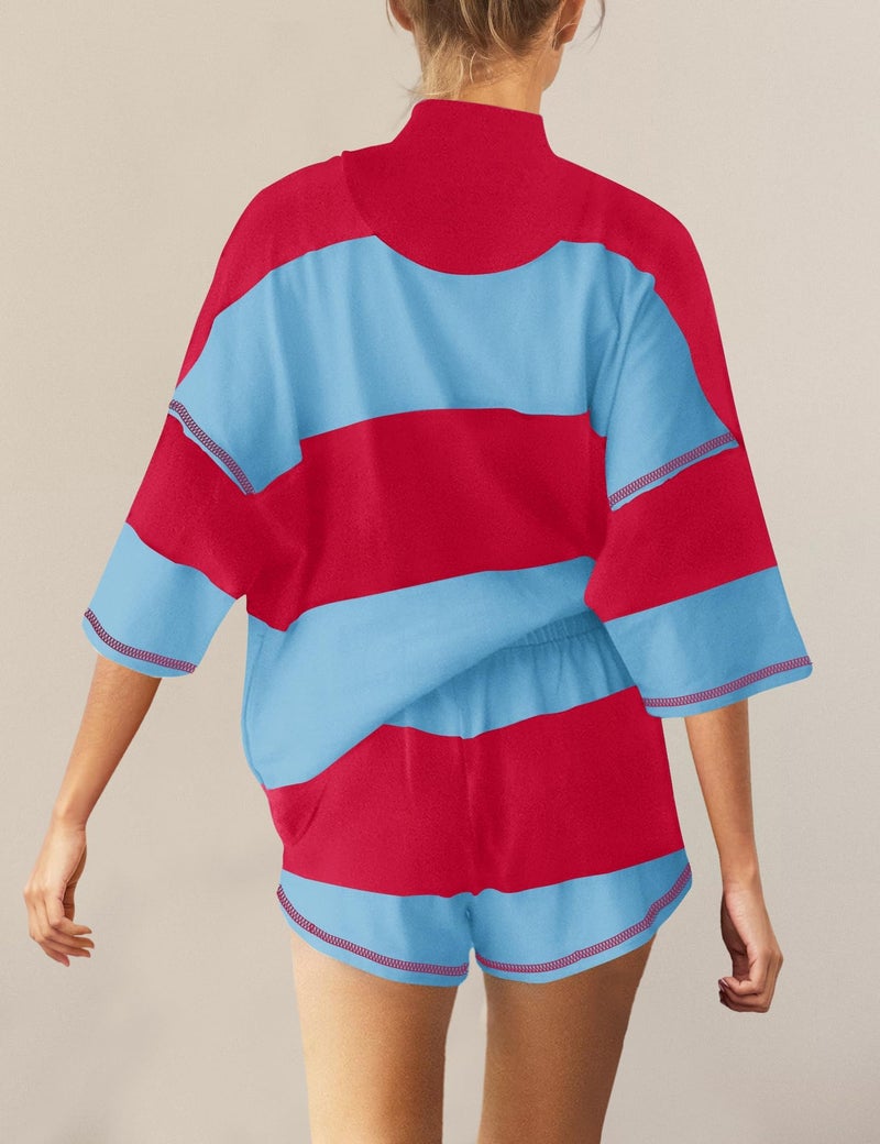 Panadila Women Striped Workout Set Two Piece Outfit Tracksuit Oversized Lounge Set Top and Shorts Sets with Pockets(Red Blue Combo,S) - Image 3