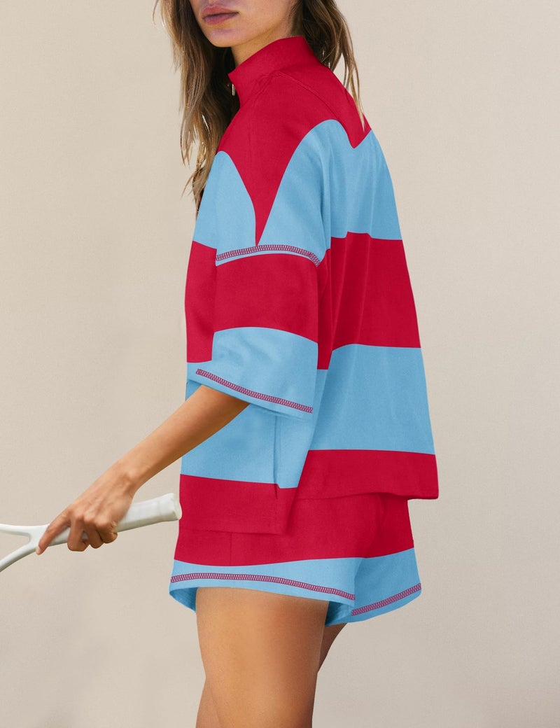 Panadila Women Striped Workout Set Two Piece Outfit Tracksuit Oversized Lounge Set Top and Shorts Sets with Pockets(Red Blue Combo,S) - Image 2