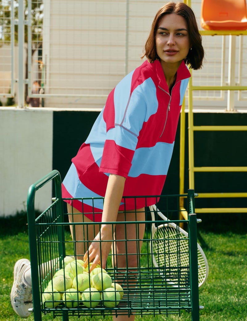 Panadila Women Striped Workout Set Two Piece Outfit Tracksuit Oversized Lounge Set Top and Shorts Sets with Pockets(Red Blue Combo,S) - Image 5