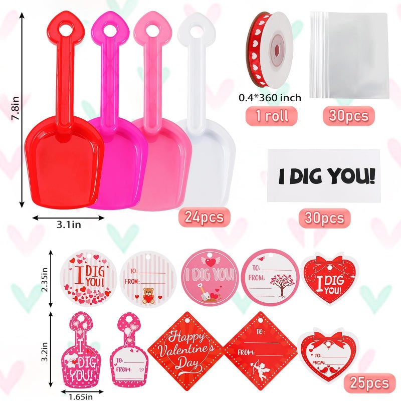 DTOFOOT 108 Pcs Valentine's Day Gift Bulk 24 Pack Plastic Shovels with I DIG You Cards Stickers Valentines Gift Candy Bags with Ribbon Valentine's Party Favors Supplies Classroom Exchange Prizes - Image 2