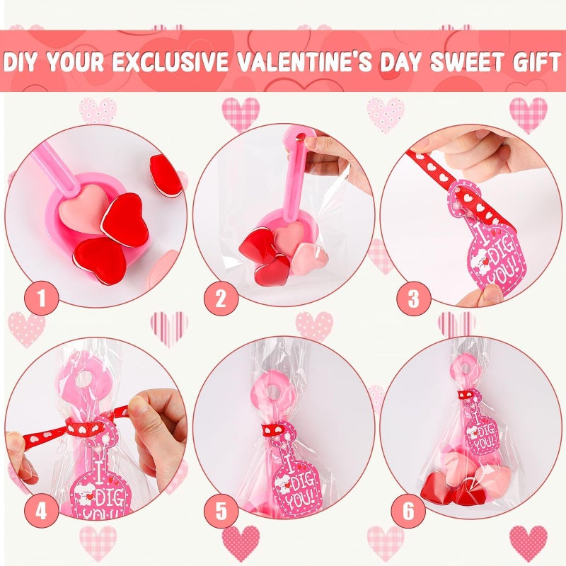 DTOFOOT 108 Pcs Valentine's Day Gift Bulk 24 Pack Plastic Shovels with I DIG You Cards Stickers Valentines Gift Candy Bags with Ribbon Valentine's Party Favors Supplies Classroom Exchange Prizes - Image 3