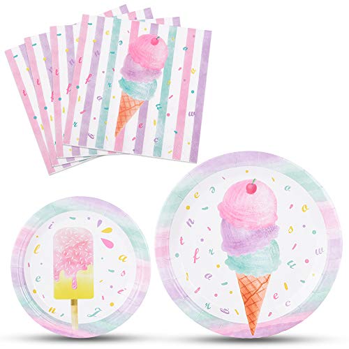 WERNNSAI Ice Cream Plates and Napkins Ice Cream and Popsicle Theme Party Supplies for Girls Birthday Disposable Tableware Dessert Plates Luncheon Napkins Serves 16 Guests 48PCS - Image 1
