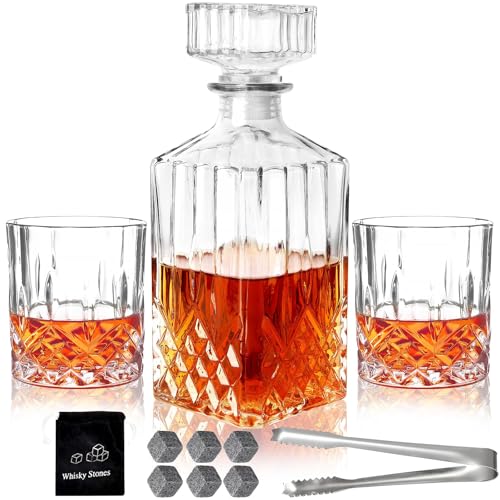 INFTYLE Whiskey Decanter Set for Men, 2pcs Whiskey Glasses and 1pcs Glass Decanter with Cooling Stones Clear Scotch Whisky Liquor Decanter Set for Whiskey Bourbon Rum Men Fathers'Gift - Image 1