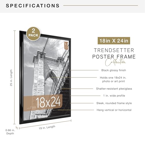 MCS Trendsetter 18x24 Poster Frame Black High-Gloss, Vertical & Horizontal Wall Hanging Large Picture Frame for Photos, Posters & Art Prints (2-Pack) - Image 4