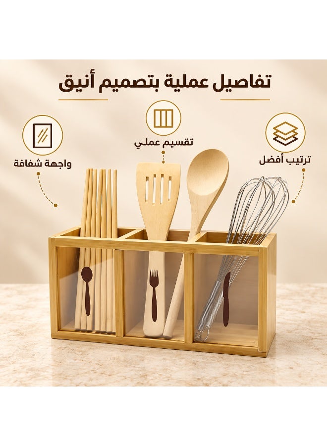 منظم أدوات المطبخ من الخيزران والأكريليك متعدد الأقسام – حامل ملاعق وأدوات مائدة موفر للمساحة ومقاوم للماء - Image 4