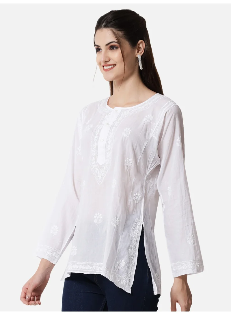 Alaya  White Hand Embroidered Chikankari  Cotton Chikankari Sustainable Kurti-AL1770 for Women | Best Price UAE