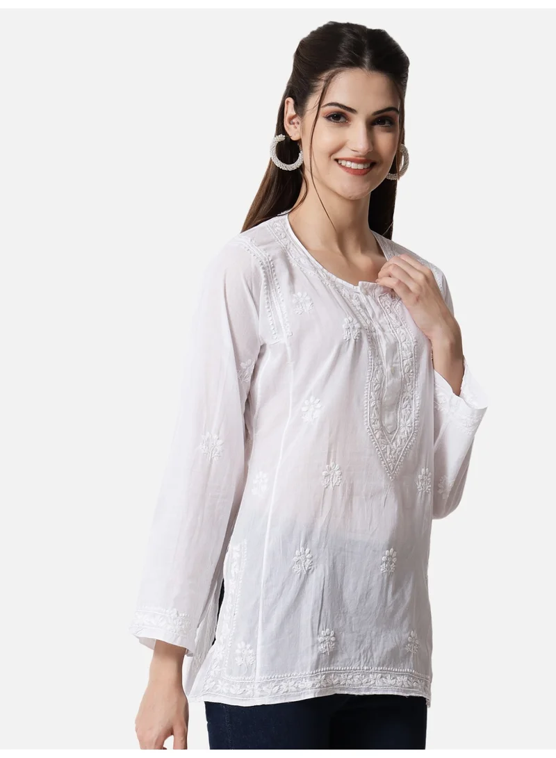 Alaya  White Hand Embroidered Chikankari  Cotton Chikankari Sustainable Kurti-AL1770 for Women | Best Price UAE