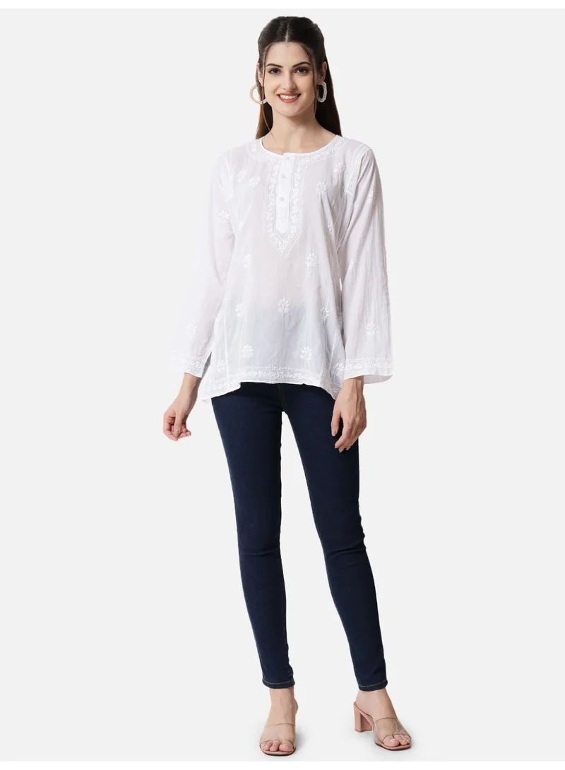 Alaya  White Hand Embroidered Chikankari  Cotton Chikankari Sustainable Kurti-AL1770 for Women | Best Price UAE