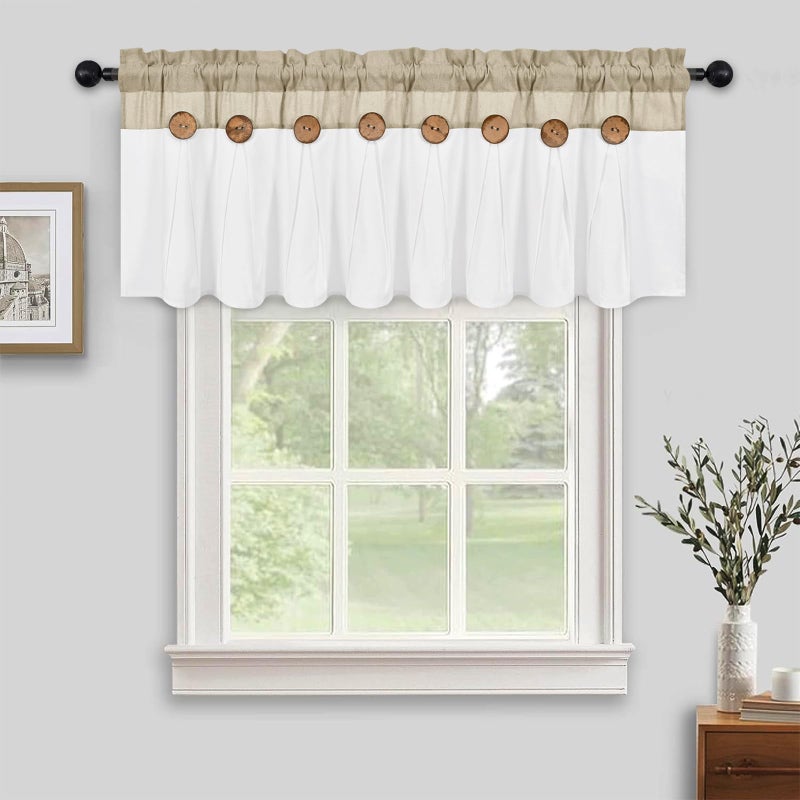 FRAMICS Farmhouse Valance Curtains, Boho Cotton Linen Kitchen Valance, Rustic Button Window Valances for Kitchen, Country Rod Pocket Valances for Windows Bathroom, Linen and White, 52 x 18 Inch - Image 1