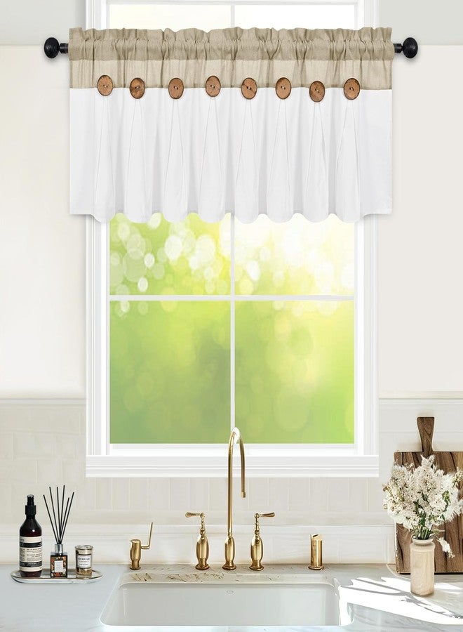 FRAMICS Farmhouse Valance Curtains, Boho Cotton Linen Kitchen Valance, Rustic Button Window Valances for Kitchen, Country Rod Pocket Valances for Windows Bathroom, Linen and White, 52 x 18 Inch - Image 2