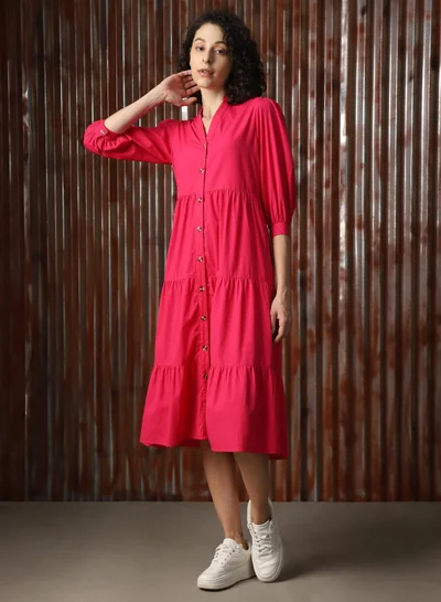 HIGH STAR Women's Magenta Poplin Solid Midi A-Line Dress