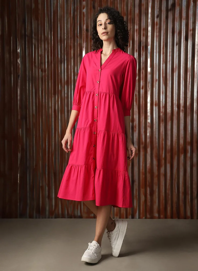 هاي ستار Women's Magenta Poplin Solid Midi A-Line Dress