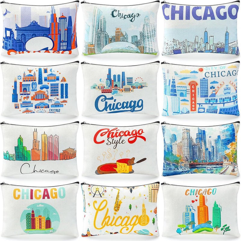 Reginary 12 Pcs Chicago Souvenirs Makeup Bag Travel Gift Cosmetic Bag Trip Favors Chicago City Themed Gifts for Traveller Birthday Christmas Bachelorette Party Favors - Image 1