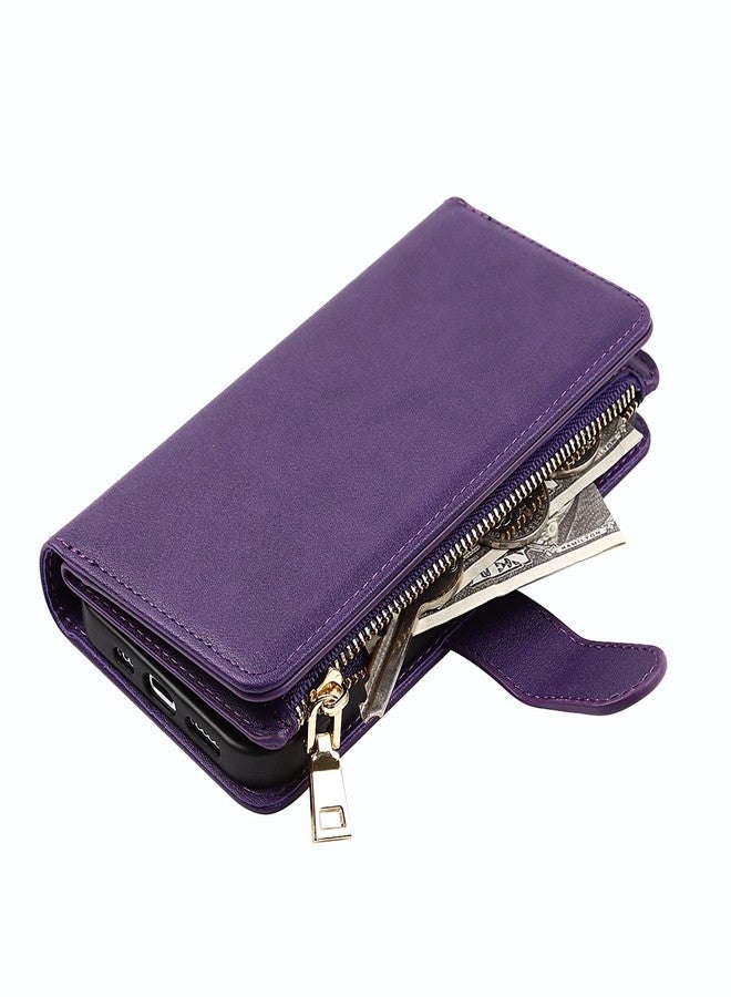 Jaorty Compatible with iPhone 13 Wallet Case,[9 Card Slots] Removable Adjustable Crossbody Necklace Lanyard Shoulder Strap Zipper Magnetic Leather Case for iPhone 13,6.1 inch Purple - Image 4