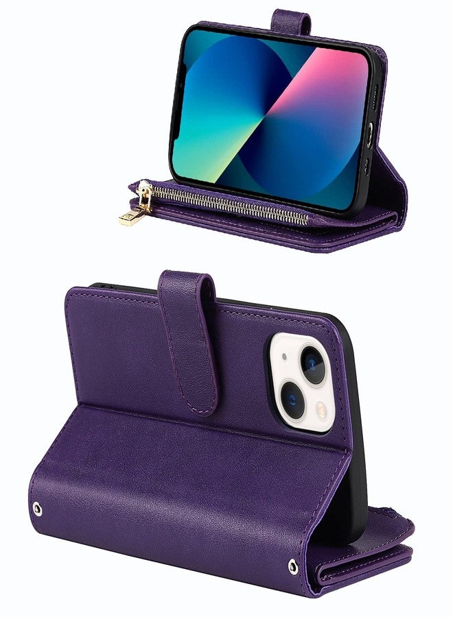 Jaorty Compatible with iPhone 13 Wallet Case,[9 Card Slots] Removable Adjustable Crossbody Necklace Lanyard Shoulder Strap Zipper Magnetic Leather Case for iPhone 13,6.1 inch Purple - Image 3