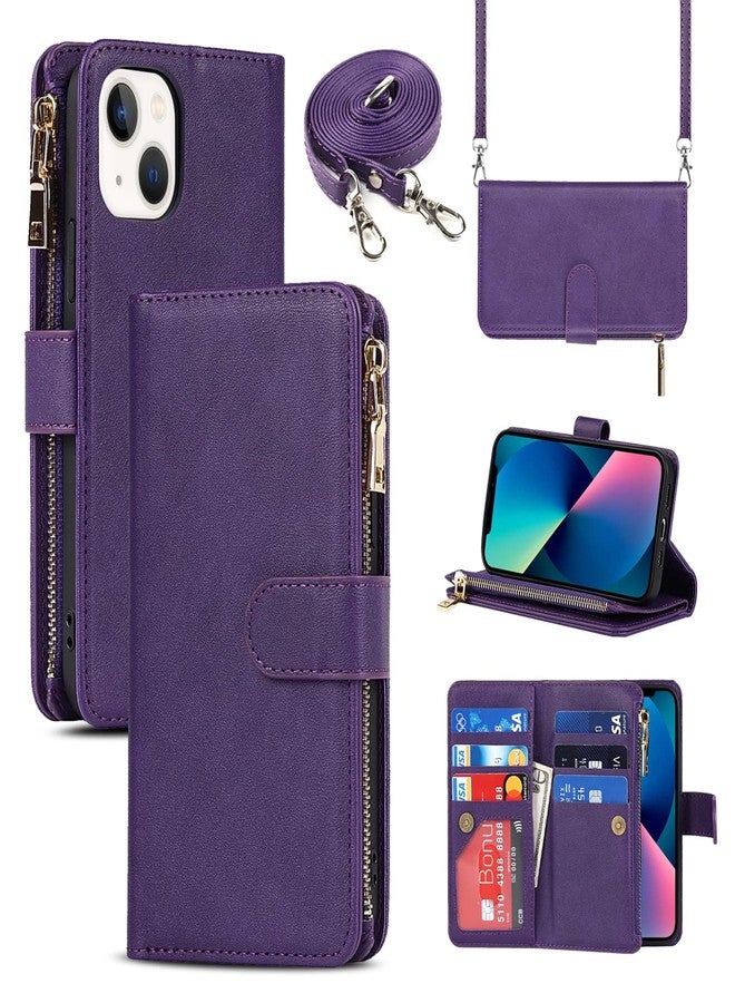Jaorty Compatible with iPhone 13 Wallet Case,[9 Card Slots] Removable Adjustable Crossbody Necklace Lanyard Shoulder Strap Zipper Magnetic Leather Case for iPhone 13,6.1 inch Purple - Image 1