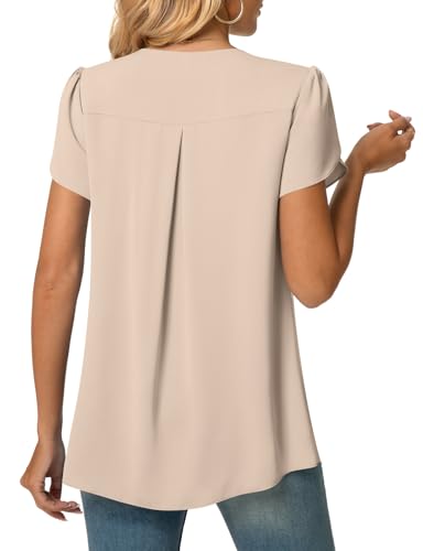 Anyally Women's Plus Size Summer Tunic Tops Dressy Casual Chiffon Blouses Short Sleeve T-Shirts for Leggings, L Khaki - Image 3