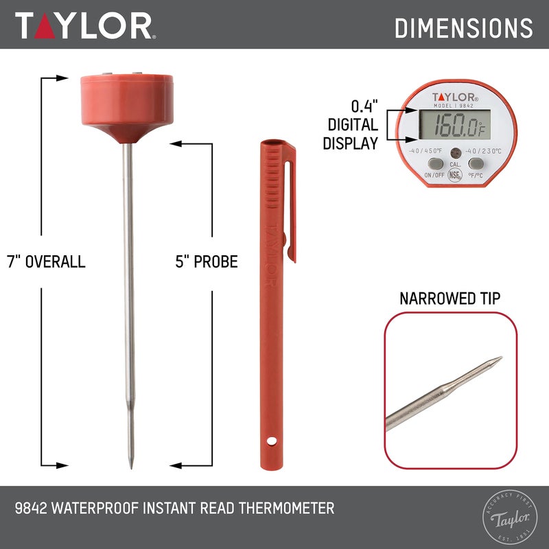 Taylor Waterproof Digital Instant Read Thermometer For Cooking, BBQ, Grilling, Baking, And Meat, Comes With Pocket Sleeve Clip, Red - Image 3