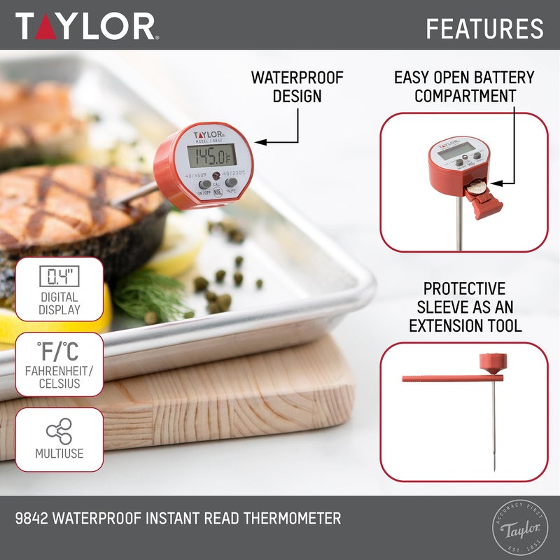 Taylor Waterproof Digital Instant Read Thermometer For Cooking, BBQ, Grilling, Baking, And Meat, Comes With Pocket Sleeve Clip, Red - Image 2