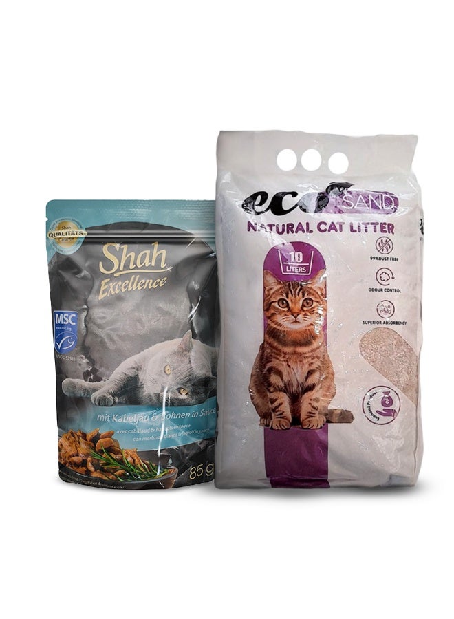 شاه طعام القطط الرطب شاه بسمك القد والفاصوليا في صوص 85 جم + رمل القطط إيكو ساند برائحة اللافندر 10 لتر – باقة مميزة