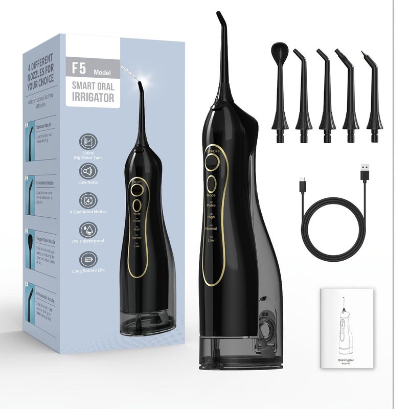 Oral Irrigator Water Flosser Teeth Cleaner Rechargeable Portable F5 Black With 5 Nozzle Orthodontic Braces Cleaner Tooth Gaps Gingival Sulcus Multiple Modes Long Battery Life IPX7 Dental Travel Companion - Image 4
