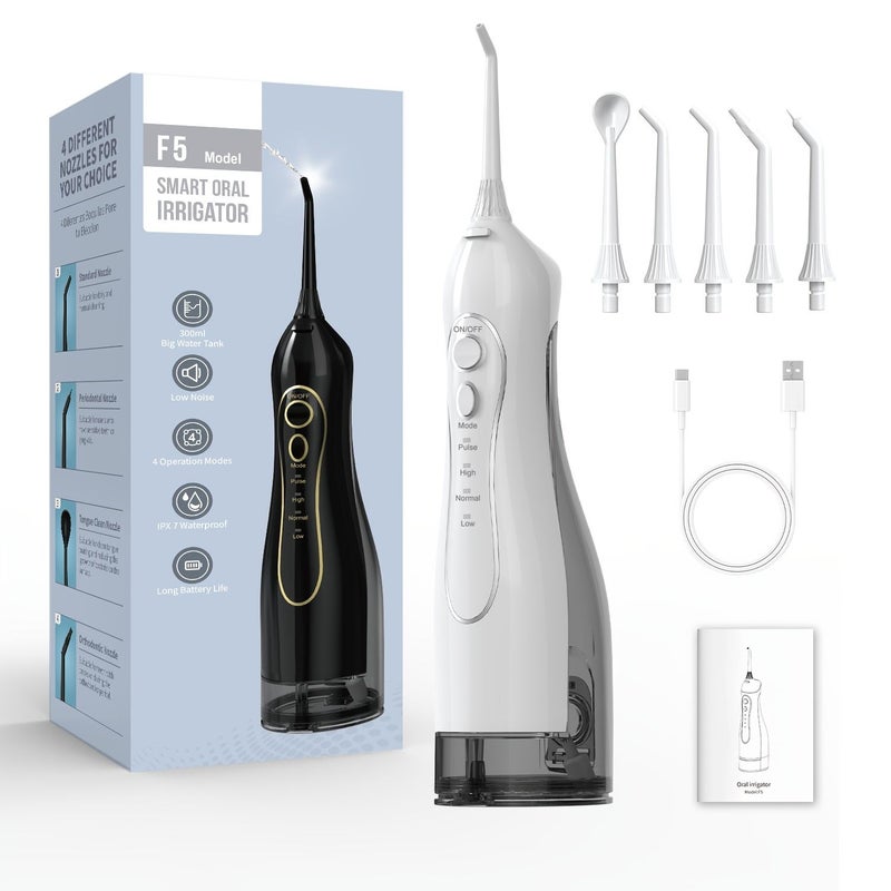 Oral Irrigator Water Flosser Teeth Cleaner Rechargeable Portable F5 Black With 5 Nozzle Orthodontic Braces Cleaner Tooth Gaps Gingival Sulcus Multiple Modes Long Battery Life IPX7 Dental Travel Companion - Image 3