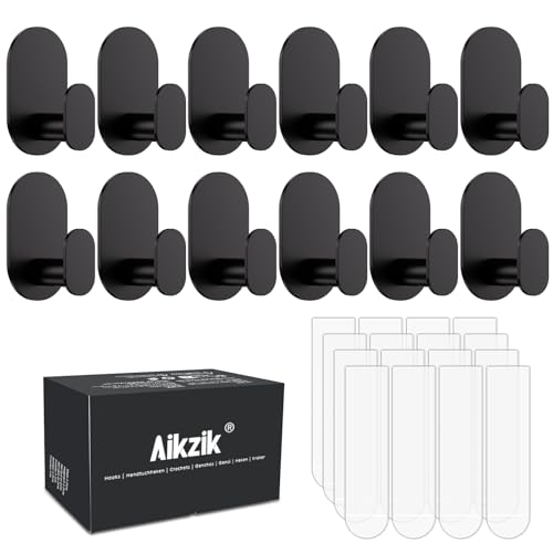 Aikzik 12 Pcs Towel Hooks with 16 Removable Strips, Black Hooks for Walls No Damage, Adhesive Wall Hooks for Bathroom, Kitchen, Shower Hooks for Inside Shower, Stainless Steel Sticky Hooks for Hanging - Image 1