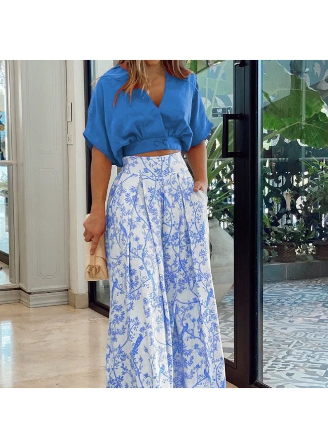 general 2025-2026 eBay Printed Shirt and Elegantly Casual Wide Leg Pants Fashion Set - Image 1