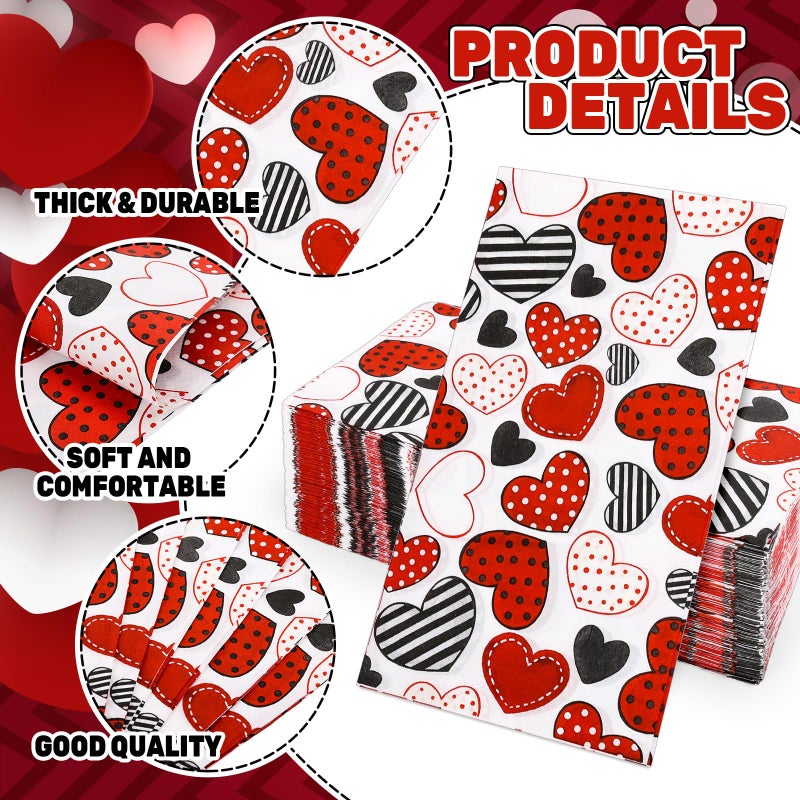 Whaline 100Pcs Valentine's Day Guest Napkins Red Black Heart Disposable Napkins Polka Dot Love Heart Dinner Hand Towel Paper Napkins For Bathroom Wedding Anniversary Party Table Supplies - Image 3