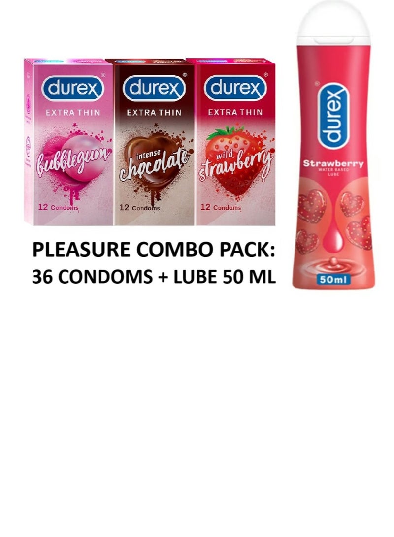 Durex Play Durex Pleasure Combo Pack of 36 condoms ( Strawberry + Chocolate + Bubblegum ) & 1 Strawberry Lube 50 ml - Image 1