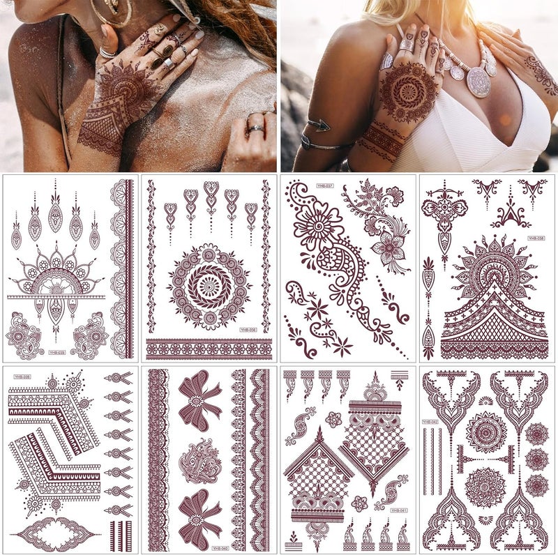 8 Sheets Brown Tattoos Sticker For Women Girls Waterproof Fake Tattoos Temporary Tattoo Kits Lotus Mandala Flower Neck Chest Arm