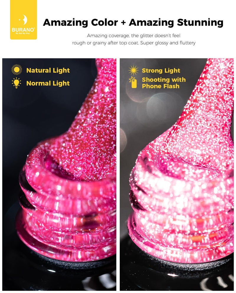 BURANO Reflective Gel Nail Polish, 7.3ml Reflective Diamond Nail Glitter Gel Polish, Sparkly Summer Color Gel Polish Holographic Glitters Shiny UV Lamp Required SZ9 - Image 5