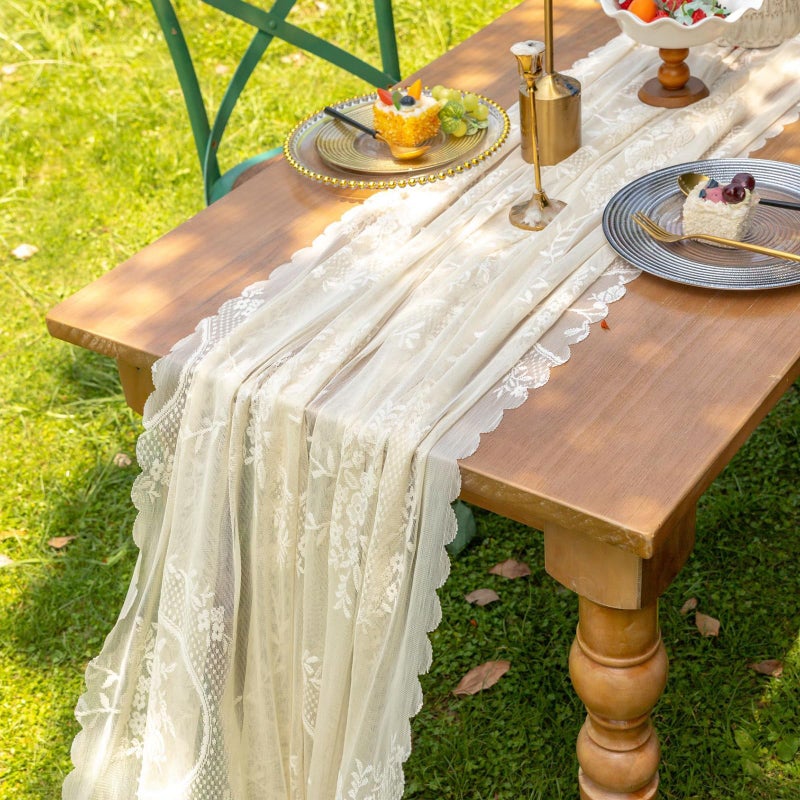 vctops Beige Lace Table Runner 120 inch 10FT Floral Embroidered Boho Farmhouse Vintage Rustic Table Runners for Wedding Party Baby Shower Birthday Home Decor Holiday Decorations(Beige,27"x120") - Image 4